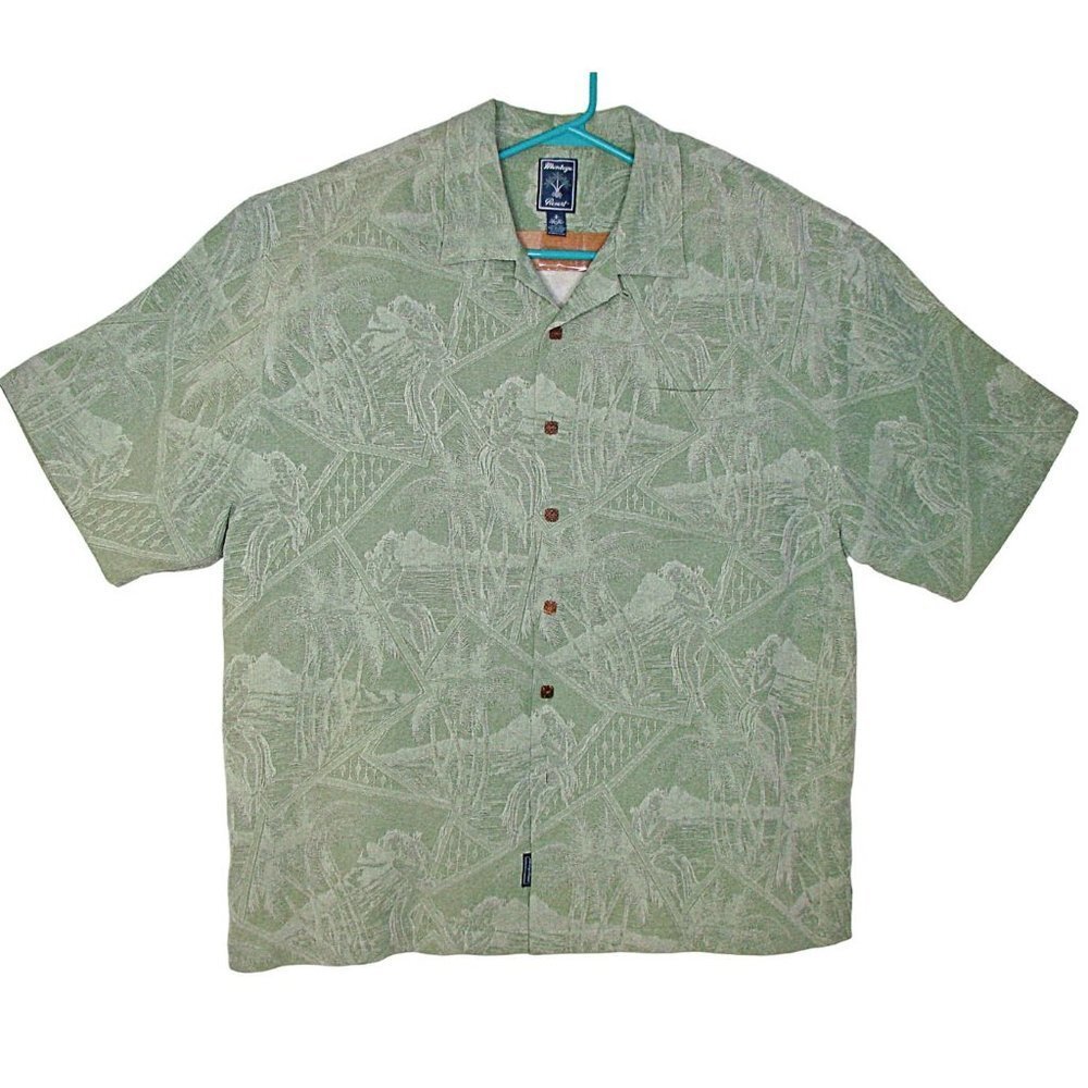 Montego Resort Mens Green Hulu Girl Palm Tree Hawaiian Button Up Shirt Size XXL